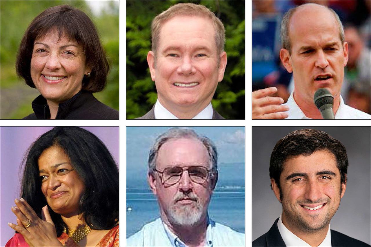 Top L-R: Suzan DelBene, Robert Sutherland, Rick Larsen; bottom L-R: Pramila Jayapal, Marc Hennemann, Brady Pinero Walkinshaw.