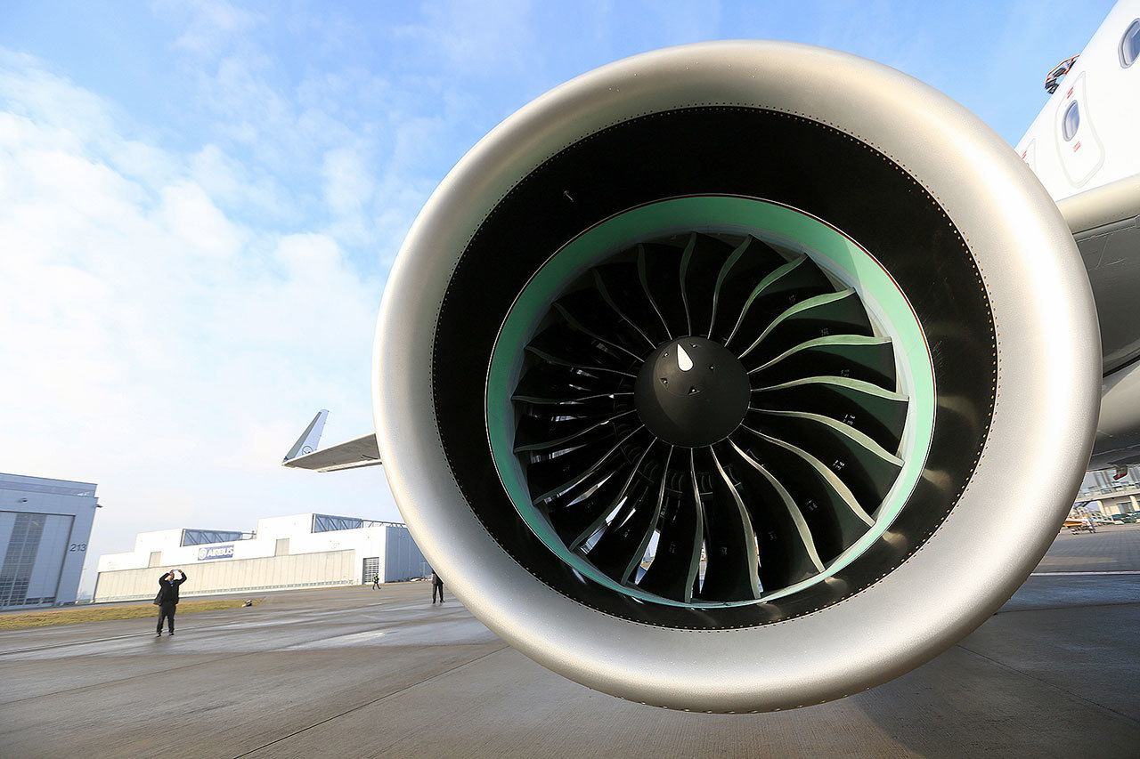 A Pratt & Whitney PW1000G turbofan engine on the wing of an Airbus A320neo aircraft in Hamburg, Germany. (Krisztian Bocsi / Bloomberg News)