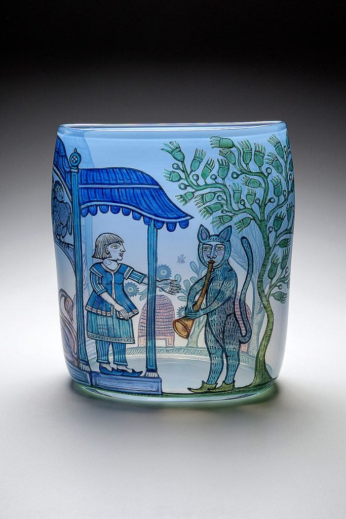 Artist Cappy Thompson’s “Secret Garden” is a painted glass vessel displayed currently at the Schack Art Center.
