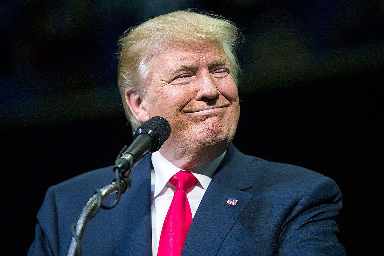 Republican Presidential nominee Donald J. Trump looks on during a rally at Mohegan Sun Arena in Wilkes-Barre Twp., Pennsylvania, on Monday. (Christopher Dolan / The Citizens’ Voice via AP)