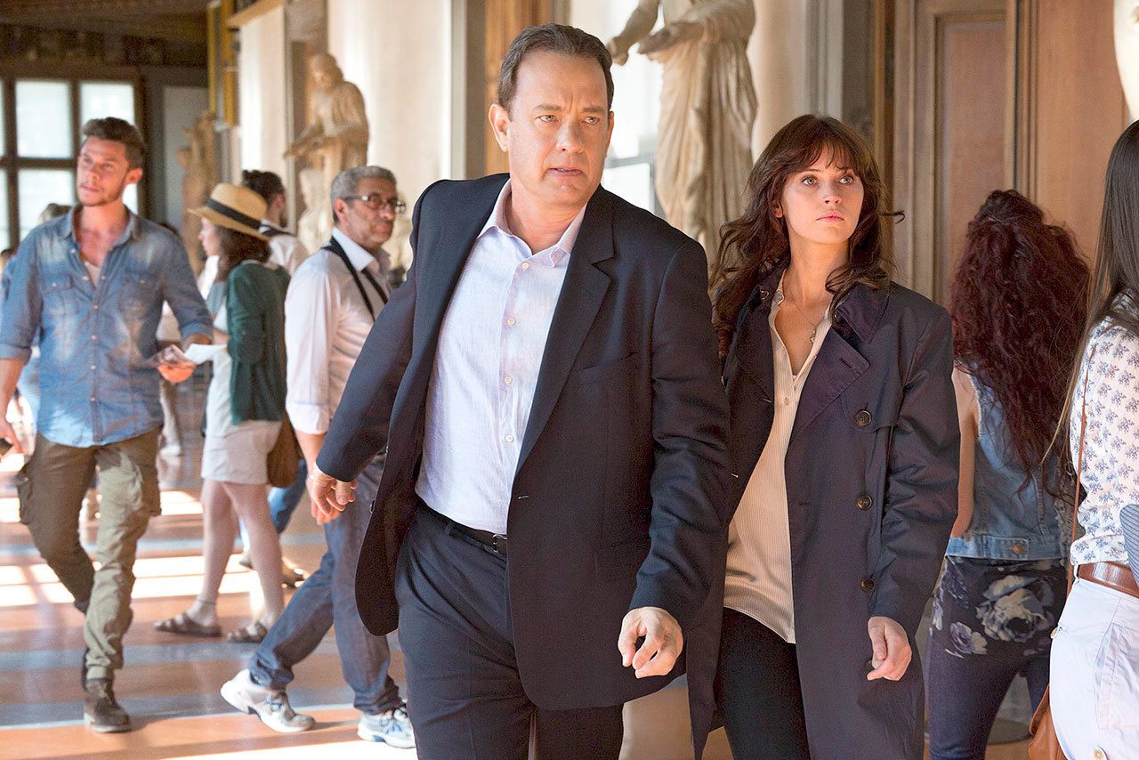 Tom Hanks and Felicity Jones race against time to stop a fiendish plan to decimate humanity in “Inferno.” (Sony Pictures)