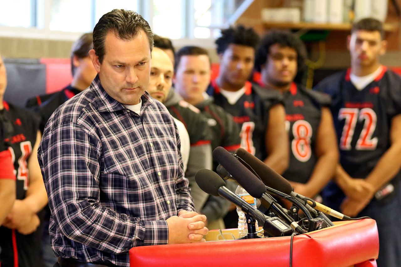 Jerry Jensen, head coach and athletic director, fields questions during the press conference at Archbishop Murphy High School in Everett on Wednesday. (Kevin Clark / The Herald)