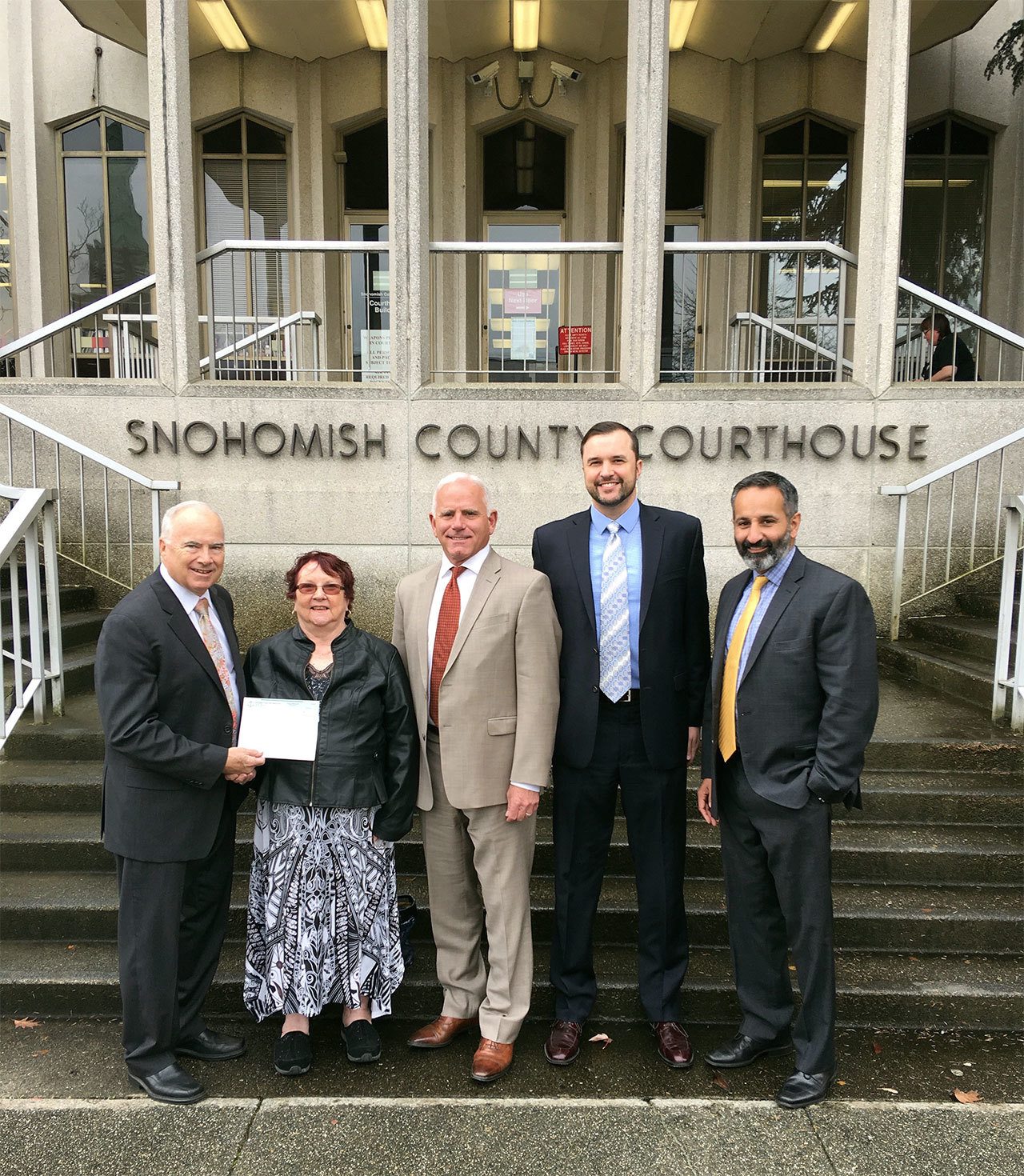 The Snohomish County Bar Association raised $7,702.08 for All Aboard and presented the donation Oct. 19. Pictured from left are SCBA board Secretary William Sullivan, All Aboard finance director Cherie Estok, SCBA tournament committee members Dominic Bacetich and Kevin Anderson, and SCBA board President Gurjit Pandher. (Contributed photo)