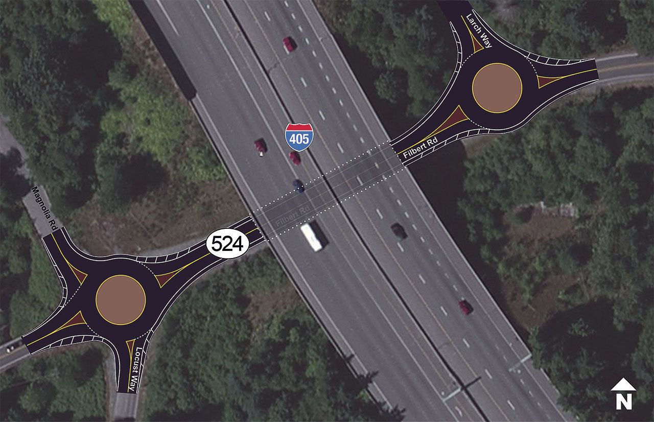 This illustration shows what the Locust Way and Larch Way intersections would look like with roundabouts. Traffic would move in a counter clockwise direction through the intersections. The safety improvement aims to reduce backups and collisions that result from drivers stopping on Highway 524 (Filbert Road) to make left turns. (WSDOT)