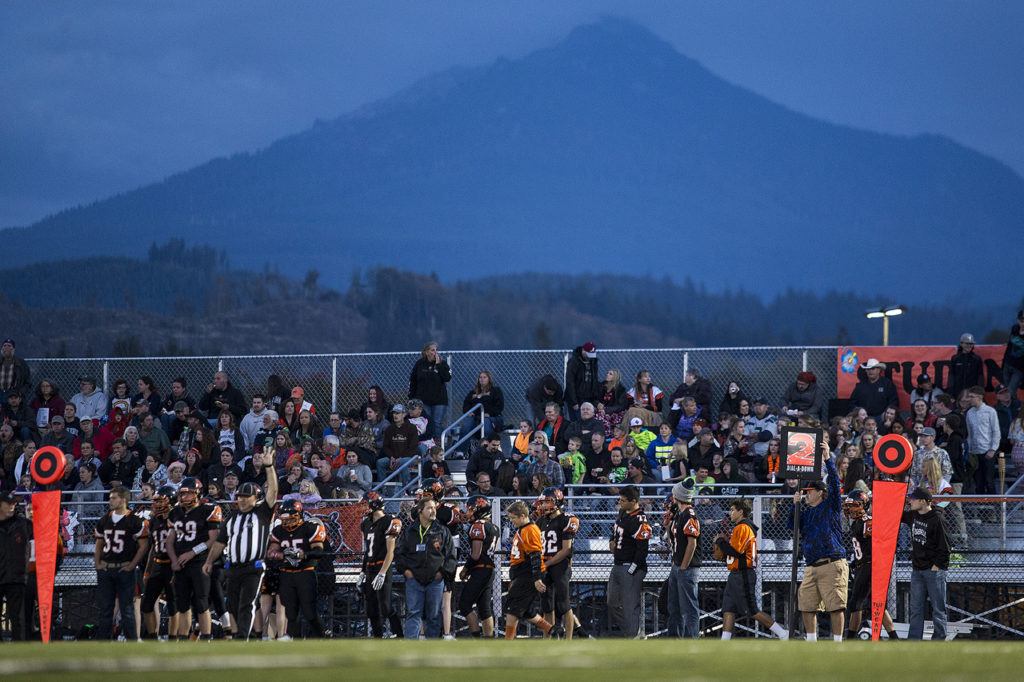 A temporary grandstand is seen at Granite Falls High School during a football game there Friday. (Ian Terry / The Herald)
