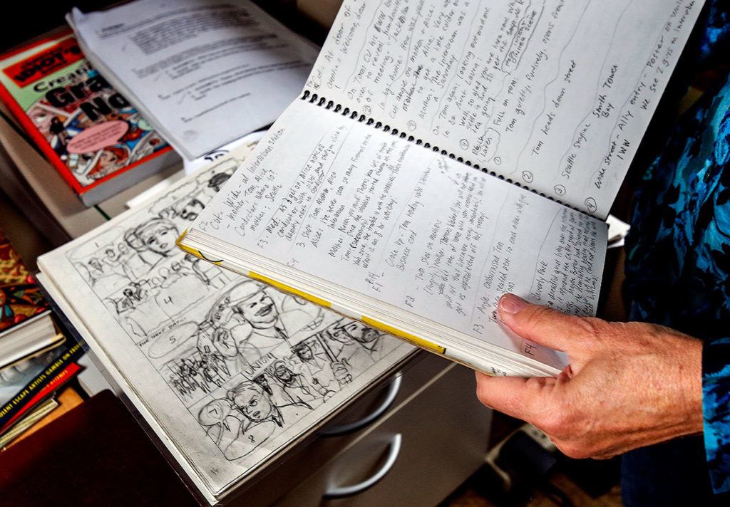 In her home studio, commercial artist Deb Fox completed an enormous amount of work, not just drawing and writing, but creating and organizing story boards and text to build a graphic novel based on the Everett Massacre. (Dan Bates / The Herald)
