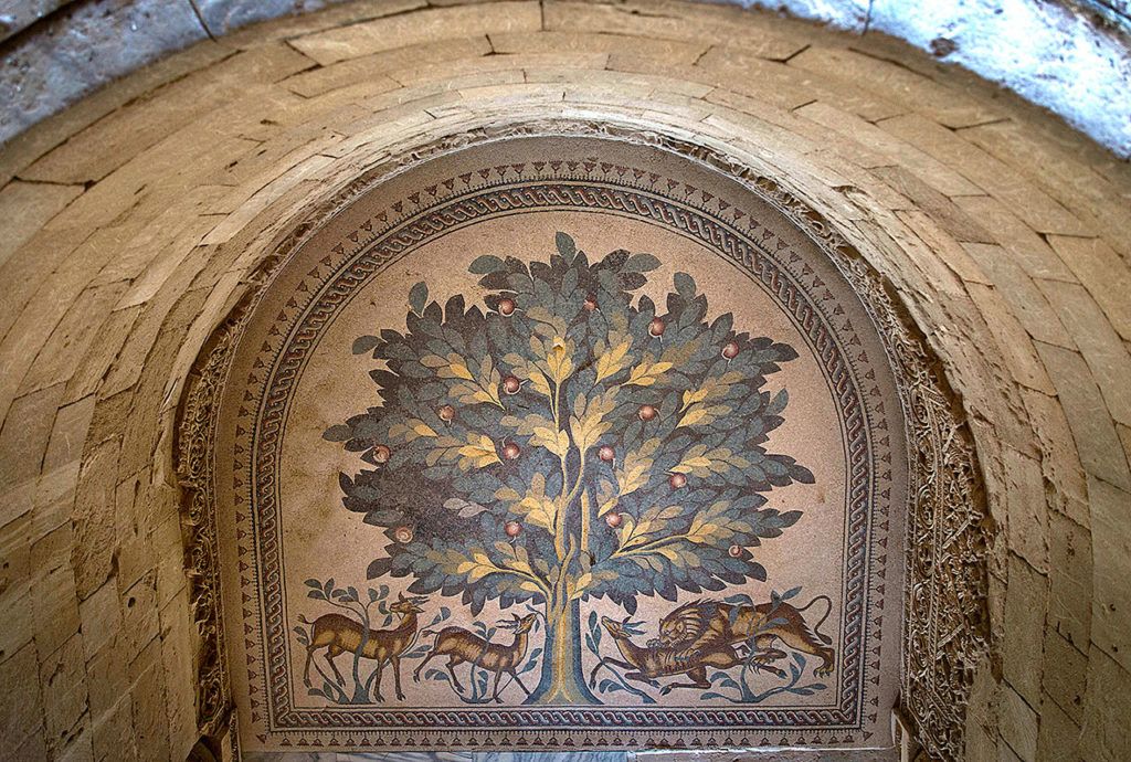 A Tree Of Life mosaic is shown at the site of a 7th century, mosaic ahead of the opening ceremony at the Islamic archaeological site of Hisham Palace, in the West Bank city of Jericho, on Thursday, Oct. 20. (AP Photo/Nasser Nasser)
