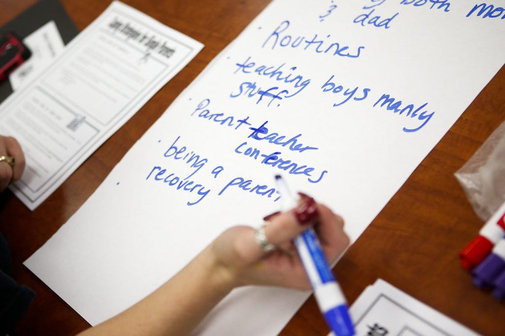 Jamahna RiAll, of Everett, writes down things that cause her stress as a single parent during a College of Hope class put on by Housing Hope at Goodwill in Marysville on Oct. 6. (Ian Terry / The Herald)
