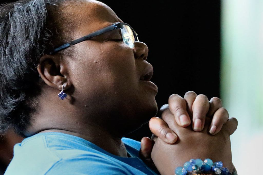 Joyce Copley sings during service Sunday morning at Bethany Christian Assembly Marysville at Marysville Getchell High School in Marysvile on September 25, 2016. (Kevin Clark / The Herald)
