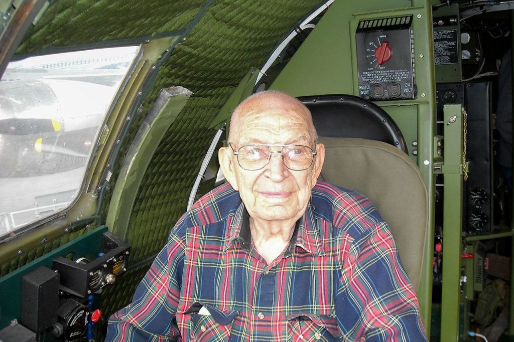 Wallace Van Eaton flew five of his 23 combat missions in World War II as a co-pilot on the bomber dubbed T-Square 54. Van Eaton, 94, got in his former seat as T-Square 54 went on public display in the Museum of Flight’s new Aviation Pavilion. (Photos courtesy Wallace Van Eaton)
