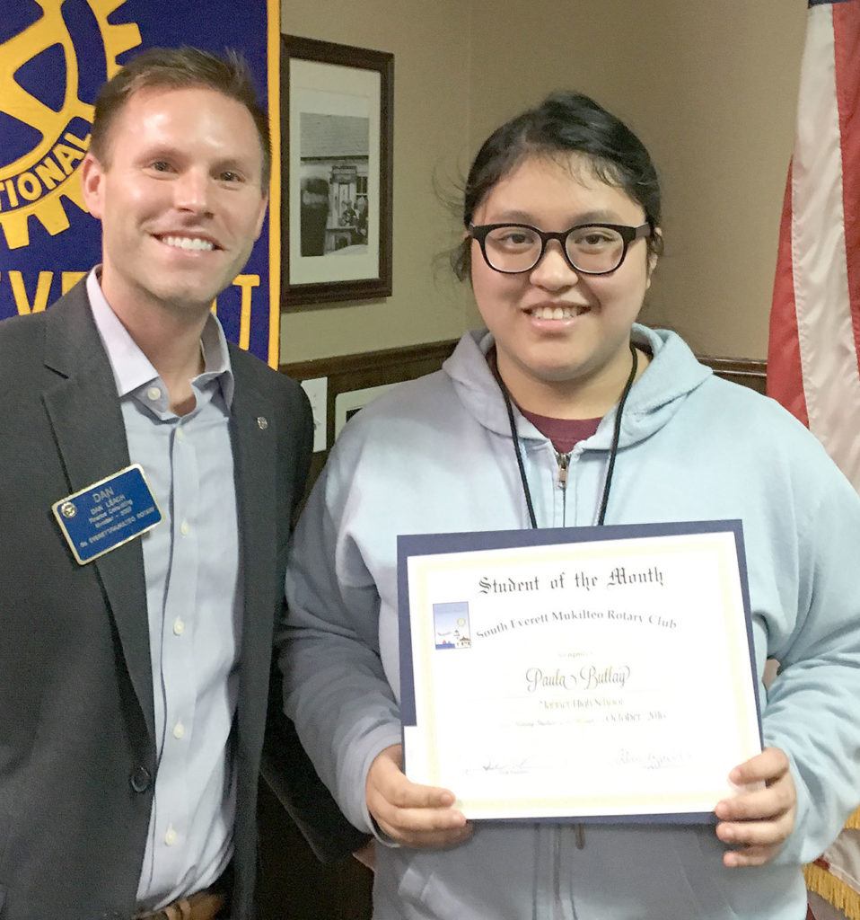 South Everett-Mukilteo Rotary President nominee Dan Leach presents Mariner High School senior Paula Butlay with a Student of the Month award. (Contributed photo)
