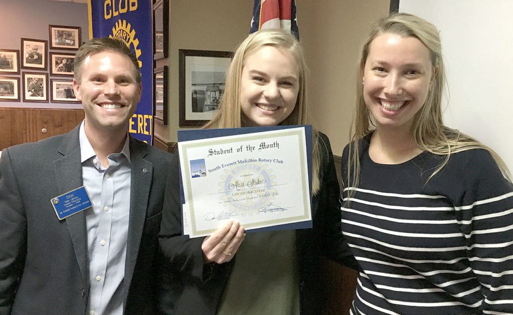 South Everett-Mukilteo Rotary President nominee Dan Leach (left) and Youth Services Committee member Mandy York (right) present Cascade High School senior Alexi Strike with a Student of the Month award. (Contributed photo)
