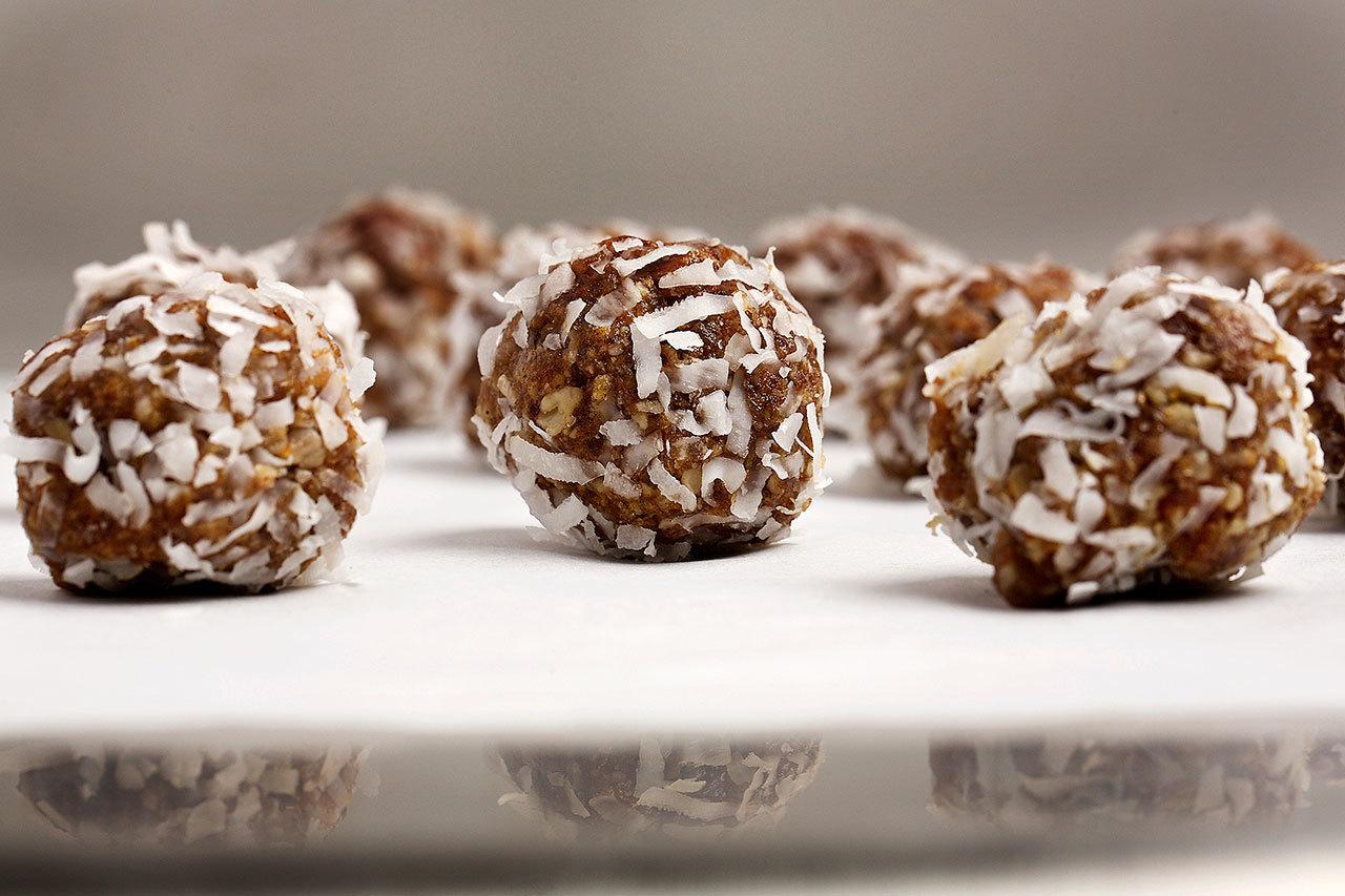 Date-Coconut Energy Balls offer a portable pop of energy. (Photo by Deb Lindsey for The Washington Post)