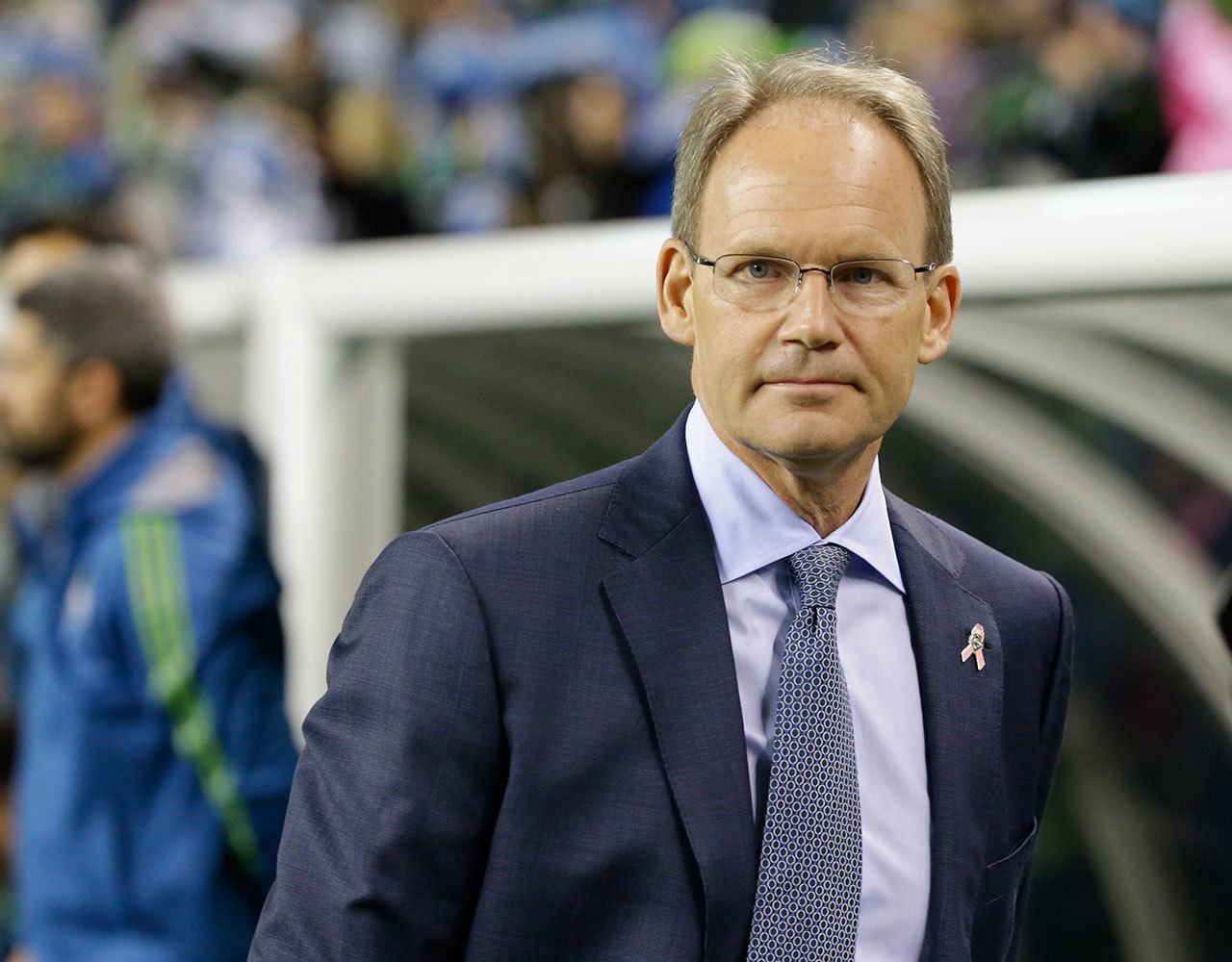 Sounders head coach Brian Schmetzer stands on the sideline before an MLS match against the Dynamo on Oct. 12 in Seattle. (AP Photo/Ted S. Warren)