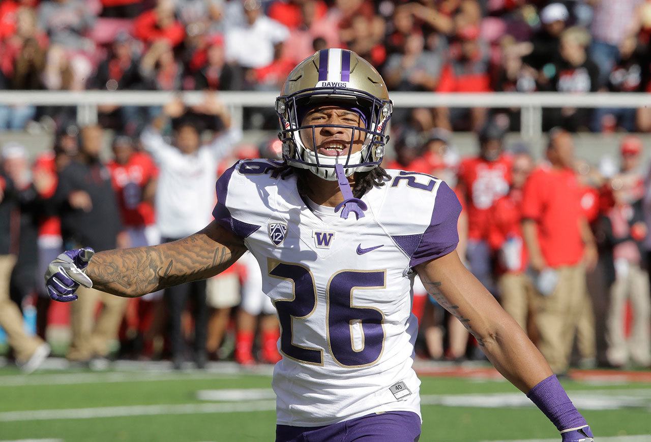 Washington defensive back Sidney Jones (26) reacts as he walks off the field in the first half of a game against Utah on Oct. 29 in Salt Lake City. (AP Photo/Rick Bowmer)