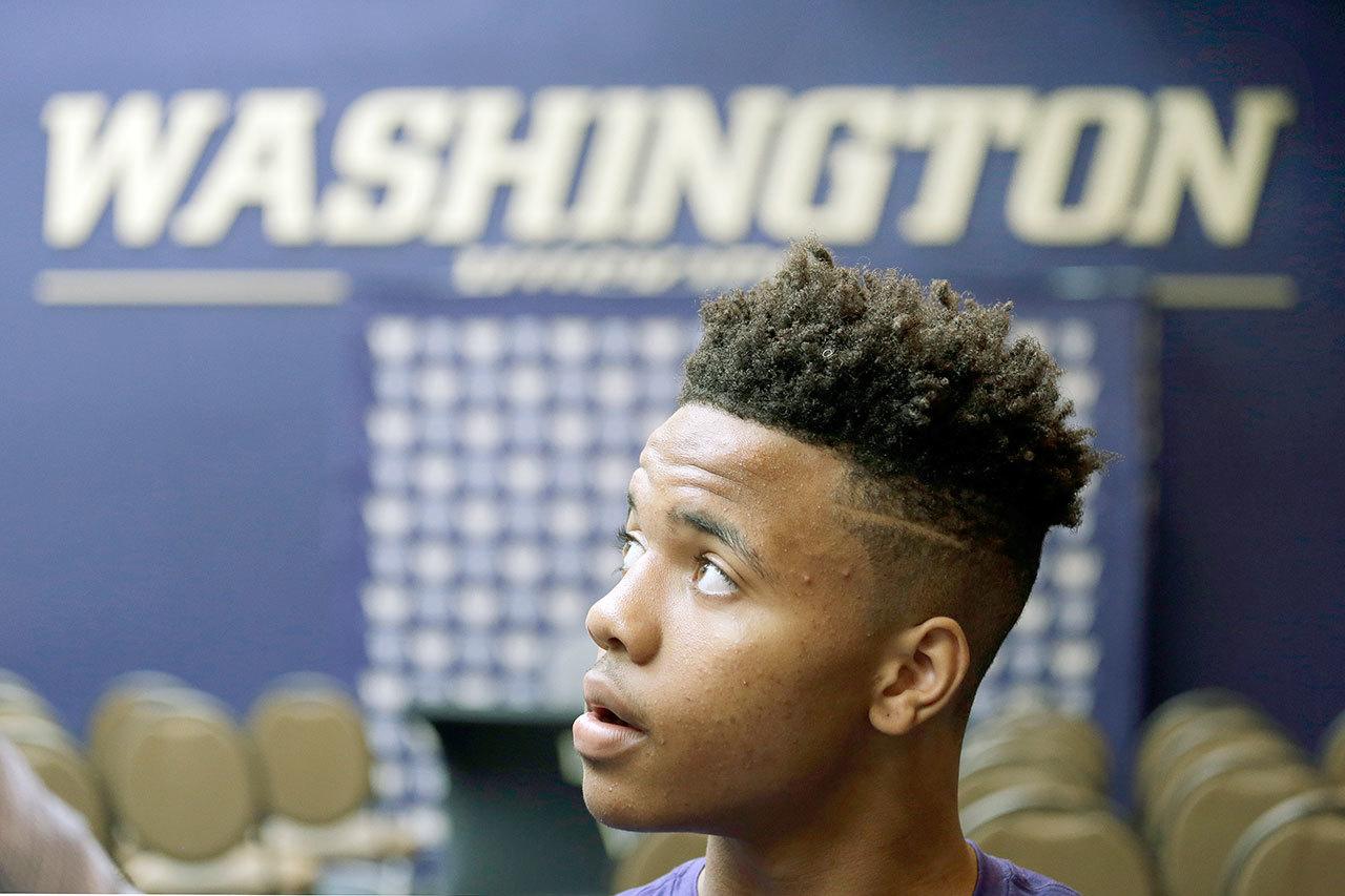 Washington guard Markelle Fultz, shown here at the team’s media day on Oct. 12 in Seattle, has always gone his own way, and his decision to come across the country to play for the Huskies is further evidence of that. (AP Photo/Elaine Thompson)