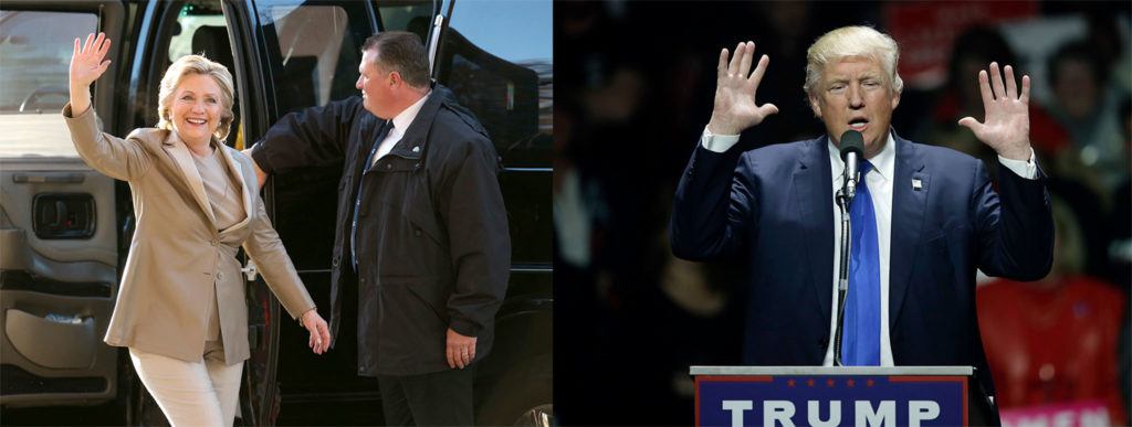 At left, Democratic presidential candidate Hillary Clinton waves as she arrives to vote at her polling place in Chappaqua, New York, on Tuesday; and Republican presidential candidate Donald Trump speaks to a campaign rally in Manchester, New Hampshire, on Monday. (AP Photos/Seth Wenig and Charles Krupa) 
