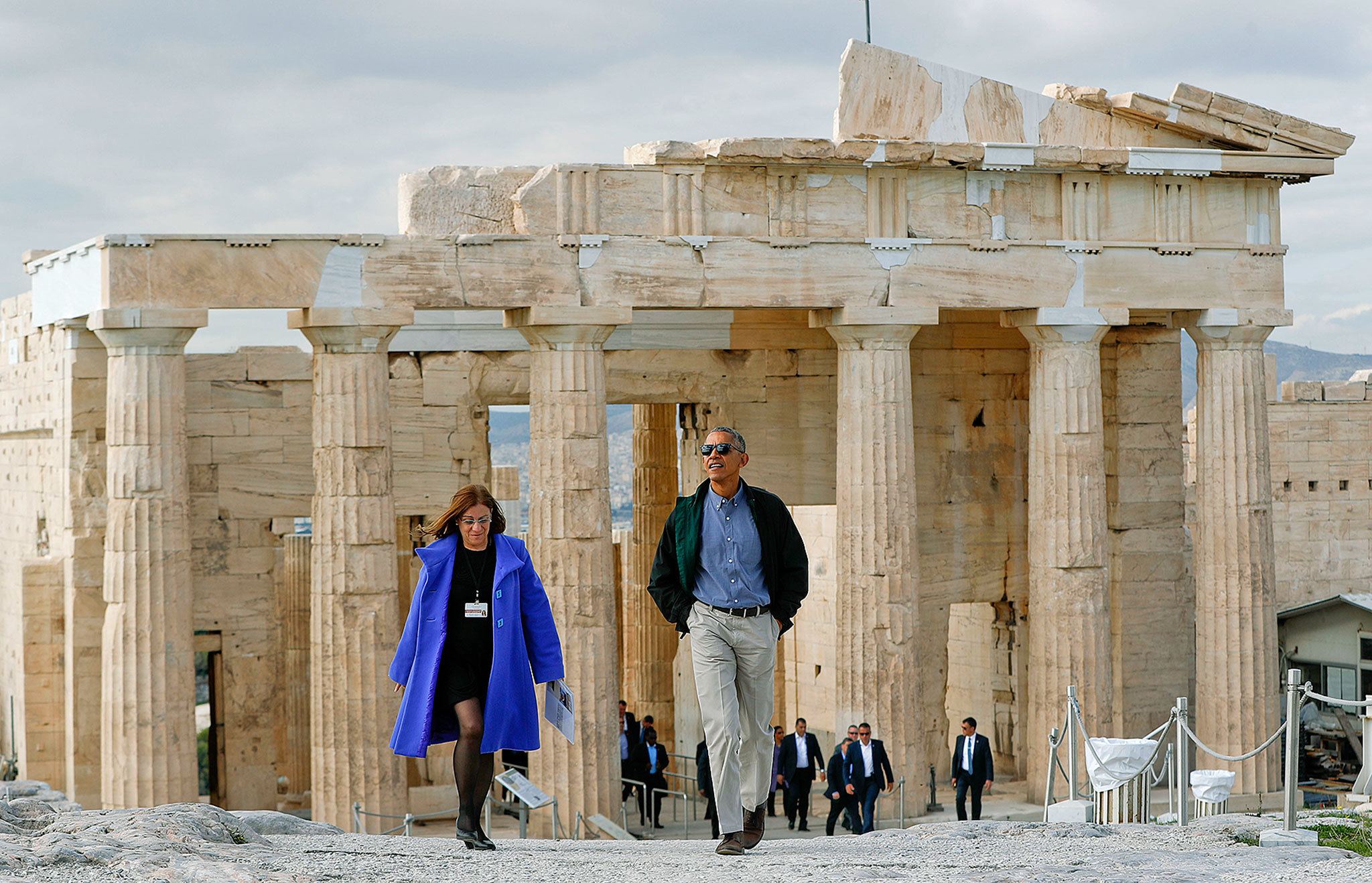 President Barack Obama tours the Acropolis with Eleni Banou (left), director of antiquities for the Athens Ministry of Culture on Wednesday in Greece. (AP Photo/Pablo Martinez Monsivais)