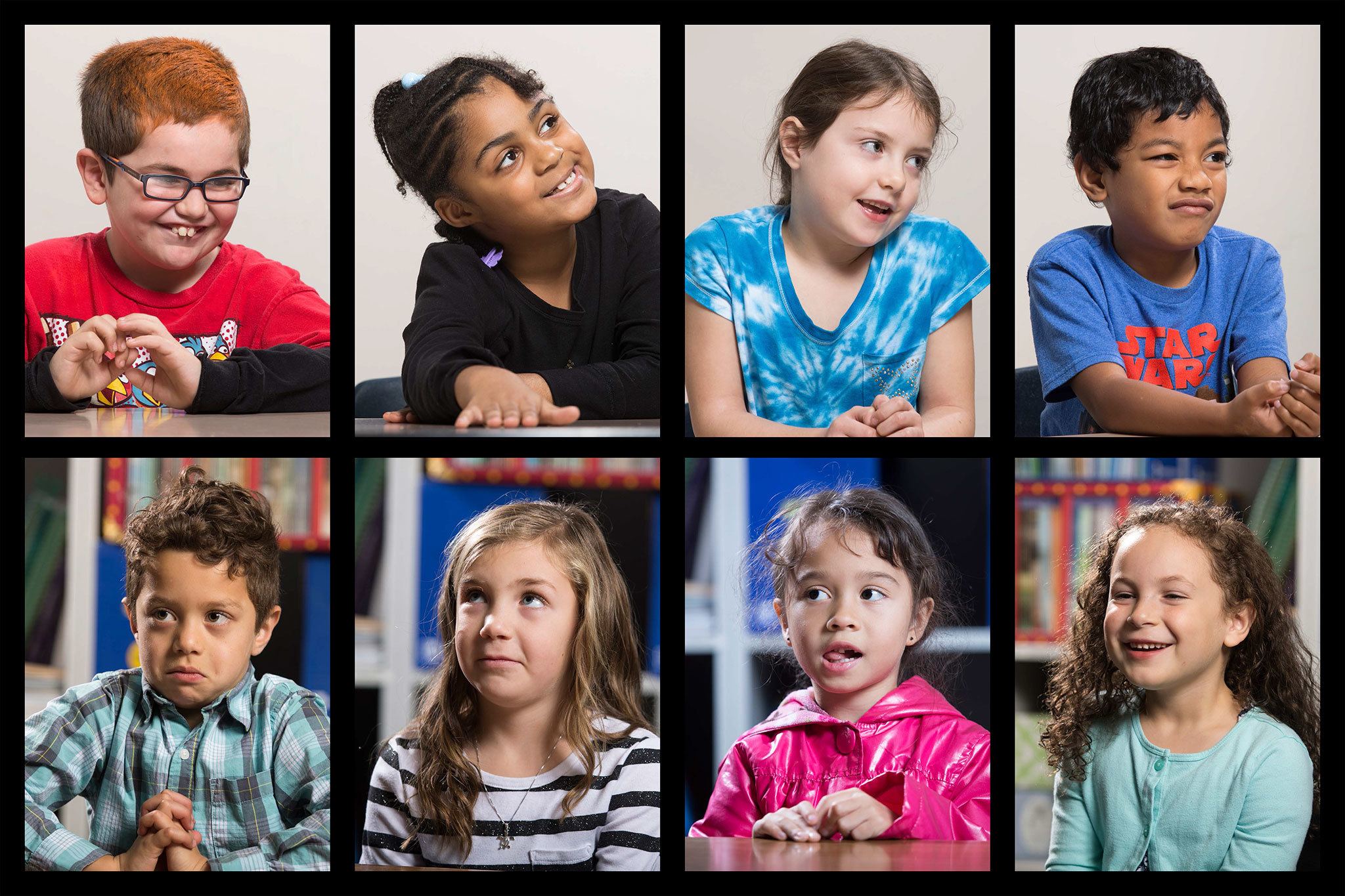 Top row, students from Everett’s Jackson Elementary School, from left: Aiden Martinez, Kyleie O’Rear, Briah Nigh and Temians Jibke. Bottom row, students from Snohomish’s Cascade View Elementary School, from left: Noah Matthews, Addison Cruze, Gillian Paje-Smith and Izmena Rodriguez. (Andy Bronson / The Herald)