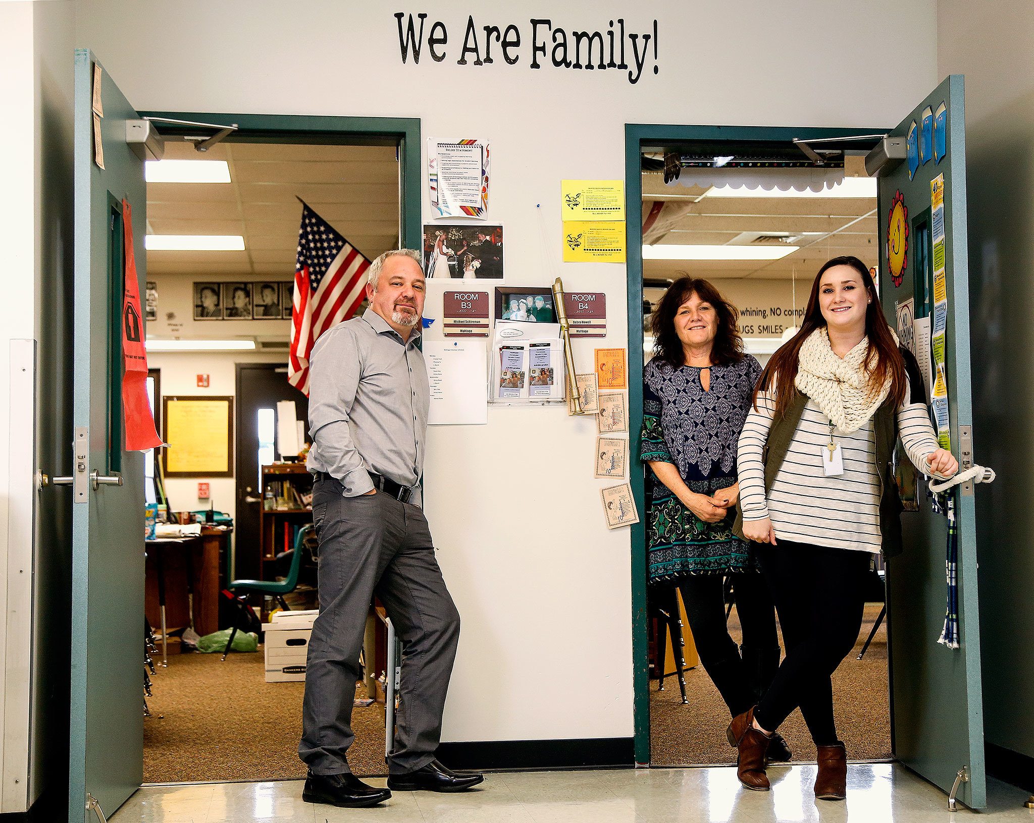 Kaitlan Howell (right), who was a fourth-grader at Monte Cristo Elementary School in Granite Falls just 15 years ago, now teaches at the school just like her mom, Debra Howell, a recent National Teacher of the Year award winner who has taught in the Granite Falls School District for more than 32 years, and her uncle, Mike Schireman, who has taught here 20 years and occupies the classroom adjacent to sister Debra’s classroom. Above the door to the two classes is the name of an appropriate song by Sister Sledge. (Dan Bates / The Herald)