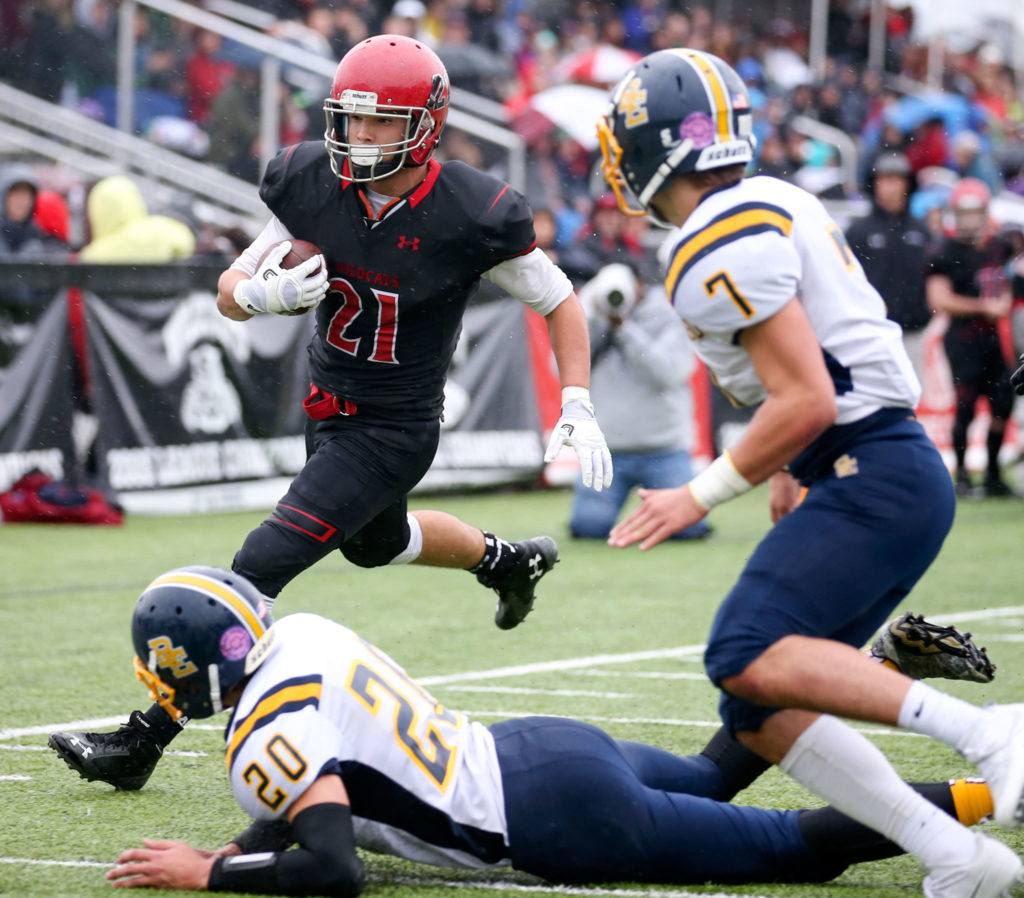 Archbishop Murphy’s Collin Montez races for the end zone with Burlington-Edison’s Jacob Zamora (20) and Brett Rawlins (7) tracking Saturday afternoon at Terry Ennis Stadium on November 5, 2016. (Kevin Clark / The Herald)