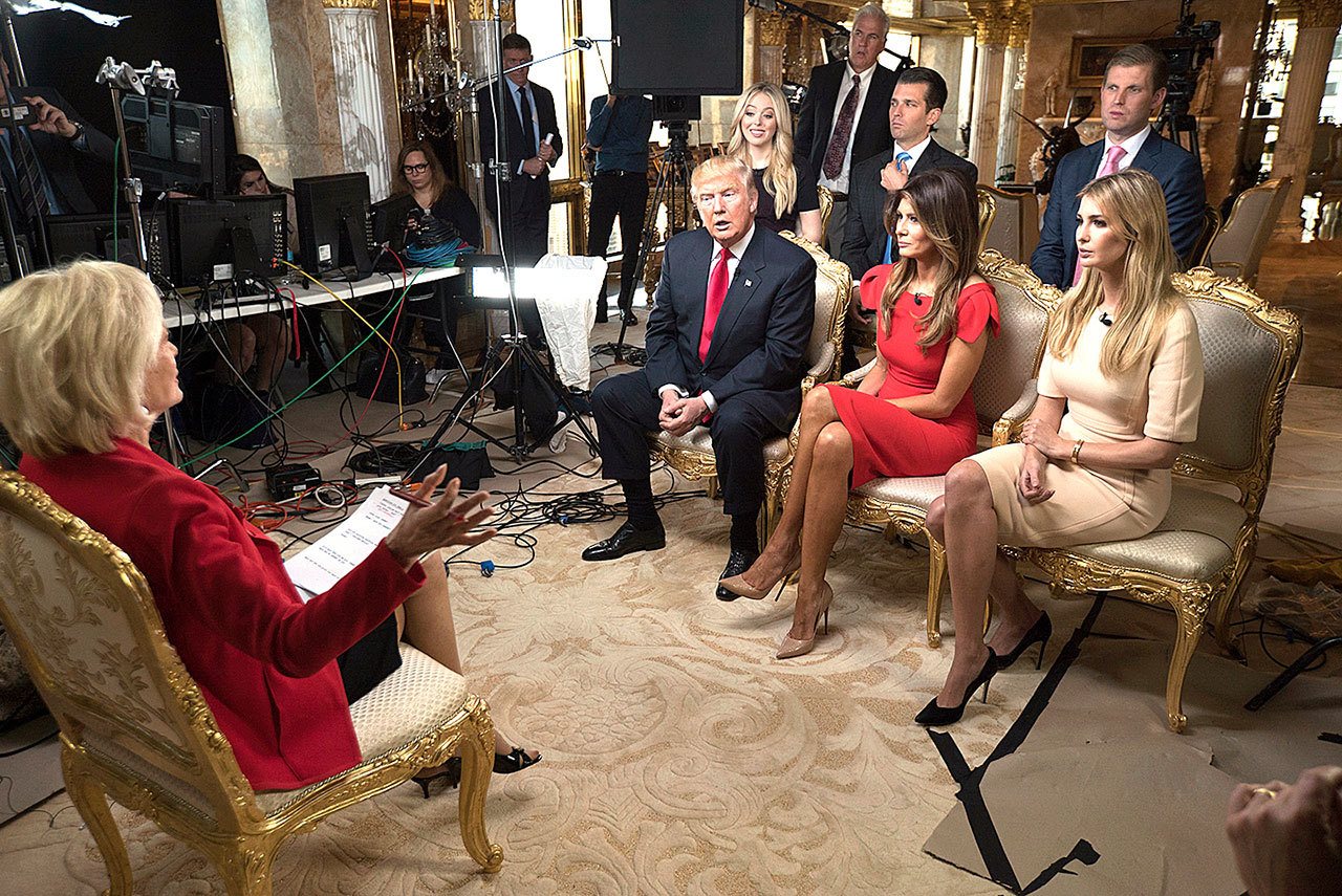 60 MINUTES Correspondent Lesley Stahl (left) interviews President-elect Donald J. Trump and his family: wife, Melania; daughter Ivanka (seated right); daughter Tiffany (behind Donald Trump); and sons Donald Jr. and Eric, at his home, Friday, Nov. 11, in New York. (Chris Albert for CBSNews/60MINUTES via AP)