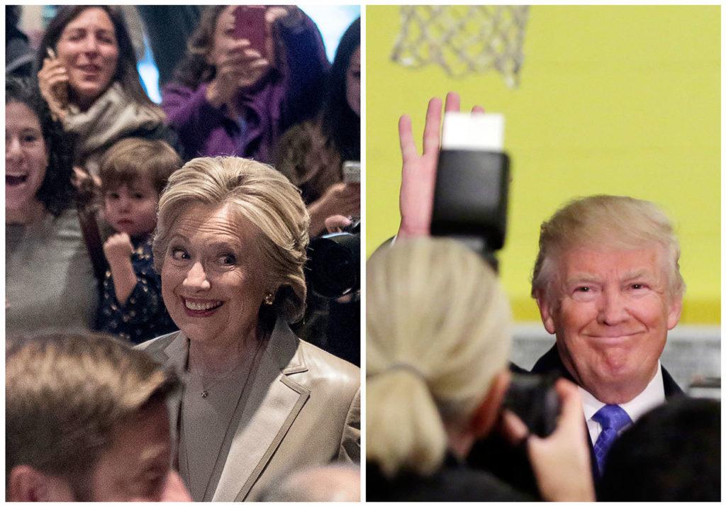 Democratic presidential candidate Hillary Clinton (left) greets supporters after voting in Chappaqua, New York, and Republican presidential candidate Donald Trump waves after voting in New York, on Tuesday, Nov. 8. (AP Photo/Andrew Harnik, Richard Drew)
