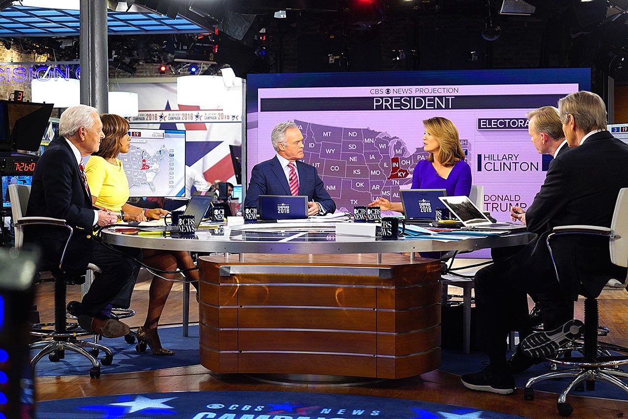 CBS News Contributor Bob Schieffer, from left, CBS This Morning co-host Gayle King, CBS Evening News anchor Scott Pelley, CBS This Morning co-host Norah O’Donnell, Face the Nation anchor John Dickerson and CBS This Morning co-host Charlie Rose host 2016 election night coverage Nov. 8 at the CBS Broadcast Center in New York. (Michele Crowe/CBS via AP)