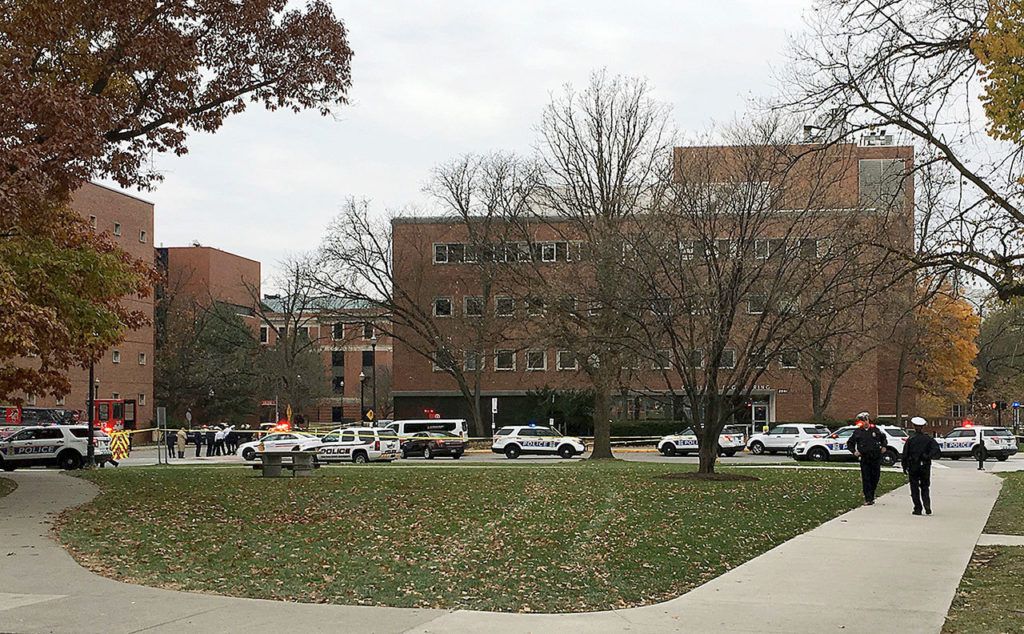 Police respond to reports of an active shooter on campus at Ohio State University on Monday, Nov. 28, in Columbus, Ohio. (AP Photo/Andrew Welsh-Huggins)
