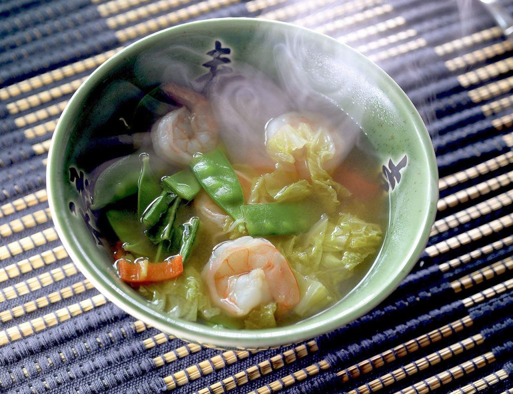 Wonton wrappers make fast noodles in Asian Noodle Soup with Shrimp. (Diedra Laird / Charlotte Observer)
