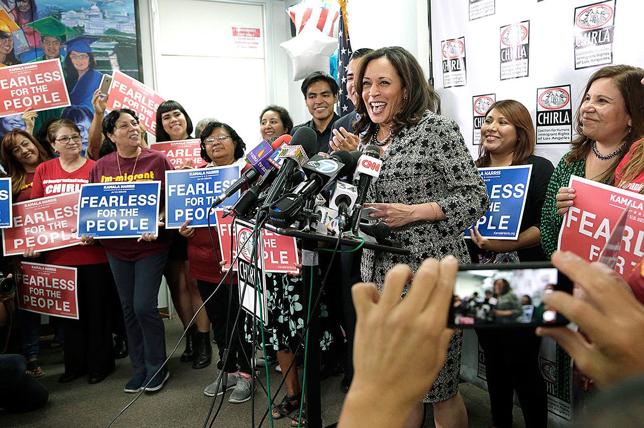 Senator-elect Kamala Harris addresses the media as she meets with immigrant families and their advocates to discuss the election results and the nation’s future at The Coalition for Humane Immigrant Rights in Los Angeles on Thursday, Nov. 10. Harris said she will fight to preserve protections advocates fear could be dismantled once Donald Trump becomes president. (AP Photo/Nick Ut)
