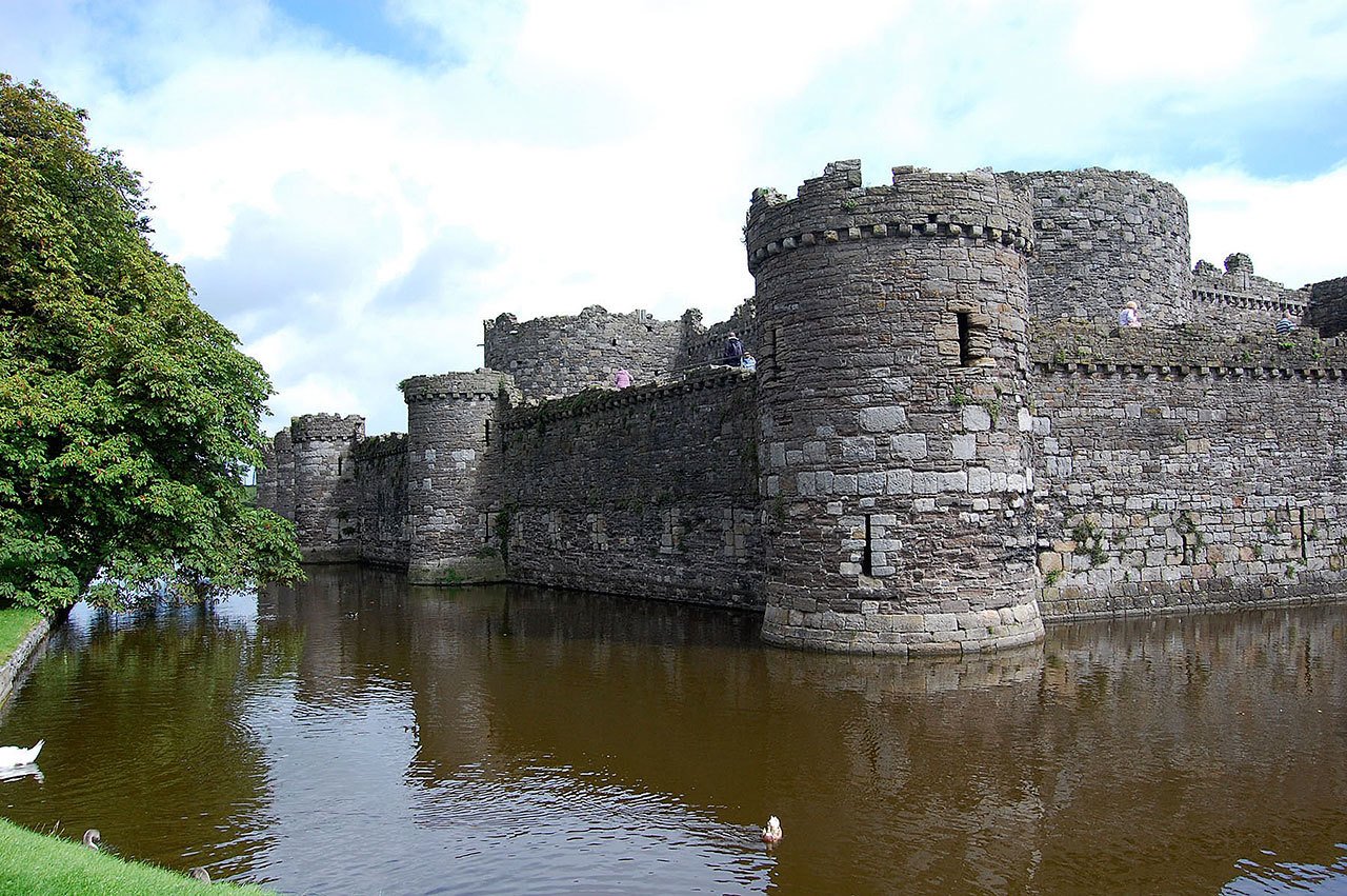 A classic moat surrounds Beaumaris Castle, perhaps the most romantic castle in Wales.