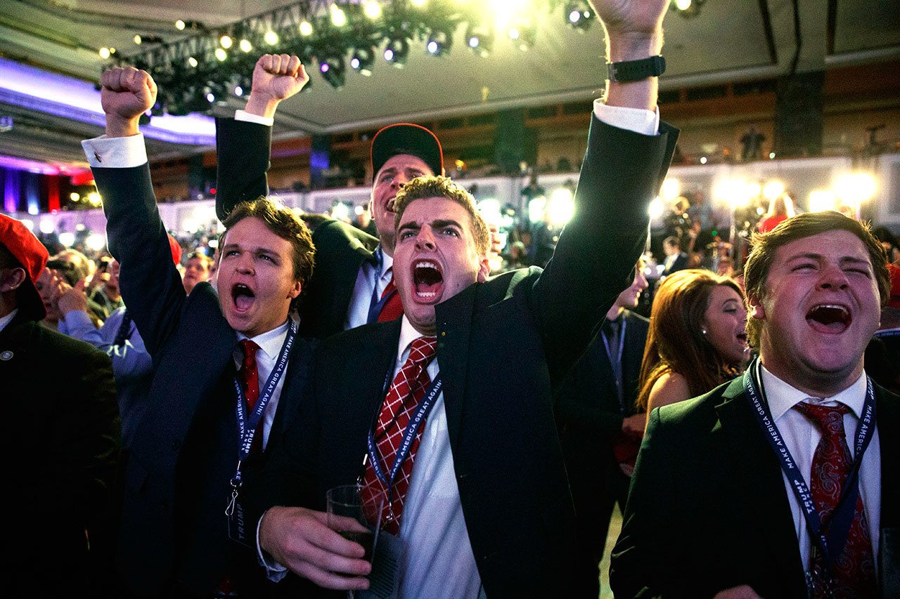 Supporters of Republican presidential candidate Donald Trump cheer as they watch election returns during an election night rally, Tuesday, Nov. 8, in New York. (AP Photo/ Evan Vucci)