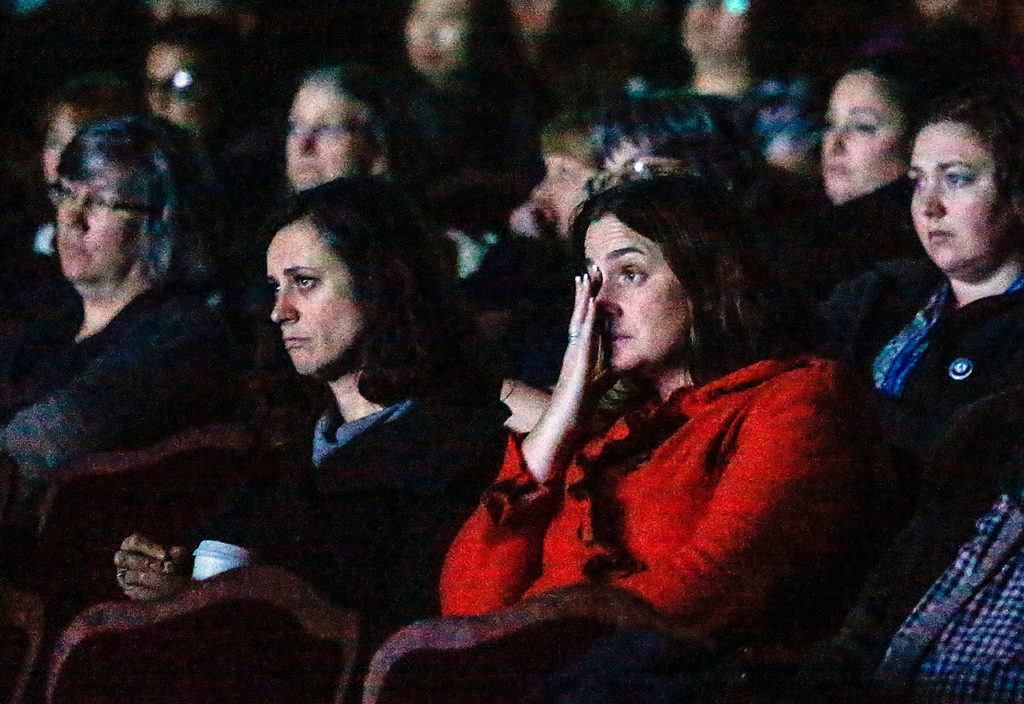 Sequoia High School Principal Kelly Shepherd and others in the audience are visibly moved during a showing of “Paper Tigers.” The screening of the documentary filmed at Walla Walla’s Lincoln High School was part of an event at the Historic Everett Theatre Tuesday launching an effort to help kids be more engaged in school. (Dan Bates / The Herald)
