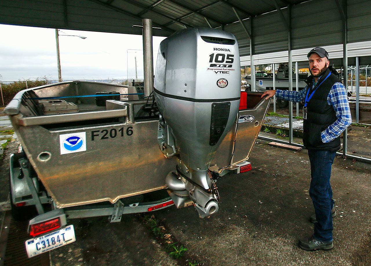 At the Northwest Fisheries Science Center’s Mukilteo Research Station, this week, Barney Boyer checks out the “R/V Seahawk,” a National Oceanic and Atmospheric Administration research boat. An Air Force veteran who served in Qatar at Al Udeid Air Base the early years of the Iraq war, Boyer, 35, is the first military veteran with a NOAA Fisheries internship. (Dan Bates / The Herald)
