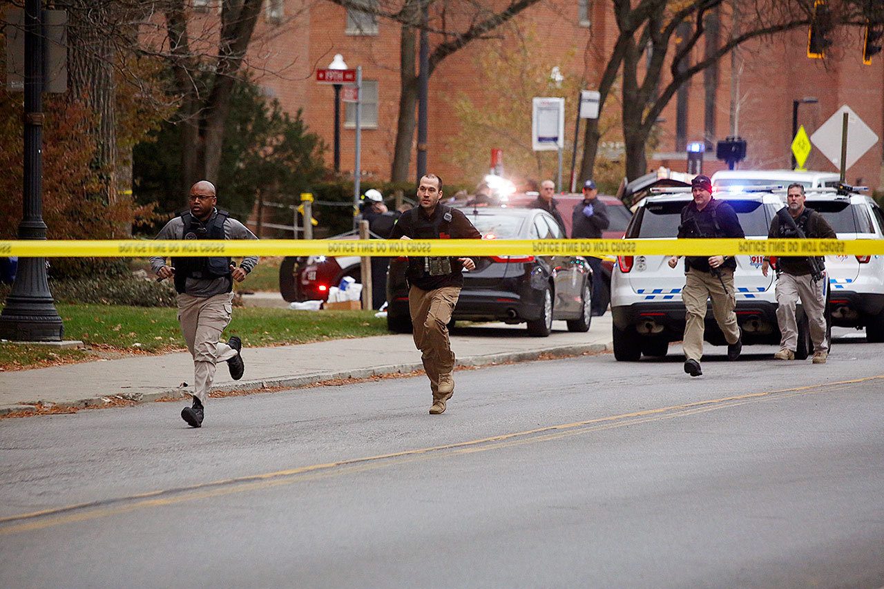 Police respond to reports of an active shooter on campus at Ohio State University on Monday, Nov. 28, in Columbus, Ohio. (Tom Dodge/The Columbus Dispatch via AP)