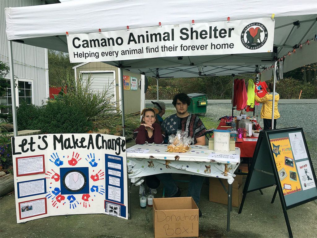 Stanwood High School seniors Destiny Redford and Malachi Vadasz baked and sold dog treats to raise funds for the Camano Animal Shelter Association as part of a class Make A Difference Day project. (Contributed photo)
