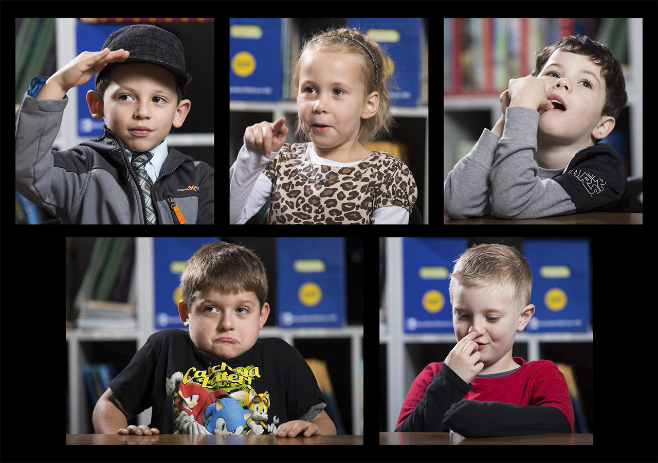 Students from Snohomish’s Cascade View Elementary School, top row, from left: Mylan Williams, Paityn Skouras and Tanner Herman. Bottom row, from left: Emmitt Burpee and Jayden Davis. (Andy Bronson / The Herald) 
