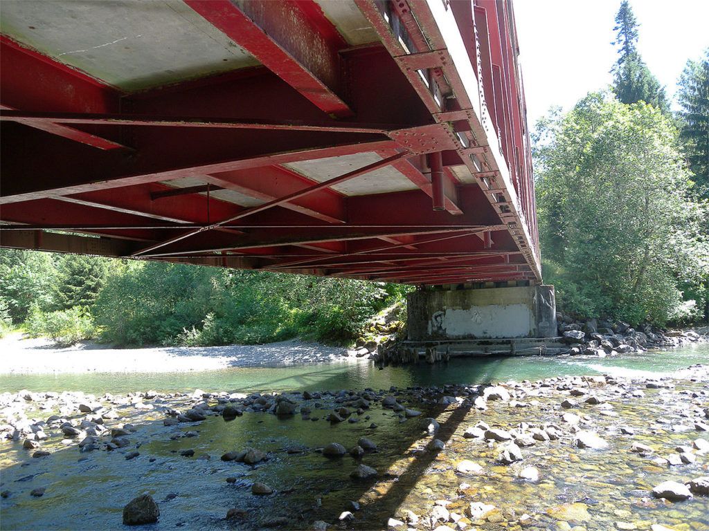 Snohomish County is applying for funds as it seeks to replace piers damaged by scouring on Red Bridge 537 on the Mountain Loop Highway. The bridge spans the South Fork of the Stillaguamish River east of Verlot. (Contributed photo)
