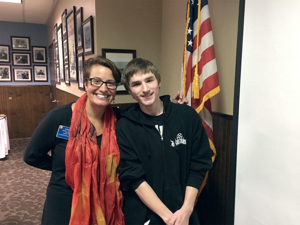 South Everett-Mukilteo Rotary Club President Cassie Franklin congratulates Micah Neptune on being named the club’s October Student of the Month for ACES High School. (Contributed photo)
