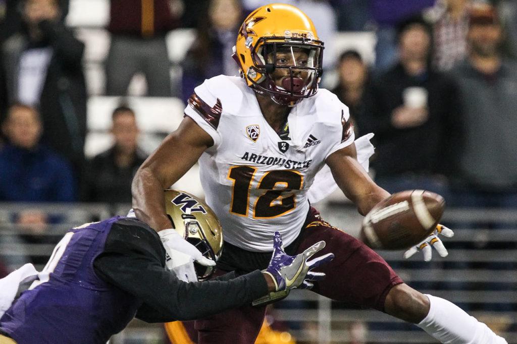 Arizona State’s Tim White attempts a catch with Washington defensive back Brandon Beaver defending Saturday at Husky Stadium in Seattle. (Kevin Clark / The Herald)
