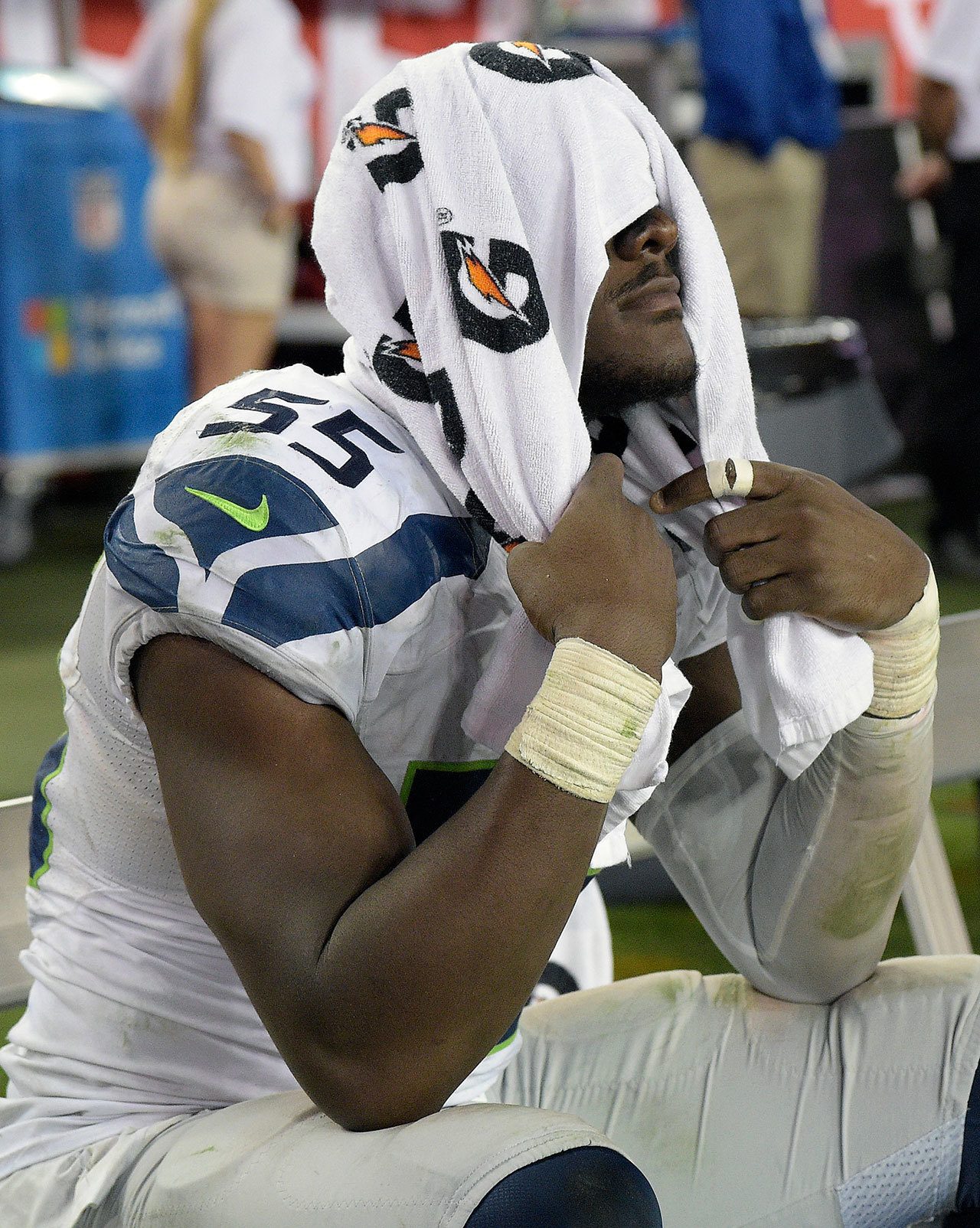 Seahawks defensive end Frank Clark reacts during the final seconds of the Seahawks’ loss to the Buccaneers on Sunday in Tampa, Florida. (AP Photo/Phelan M. Ebenhack)