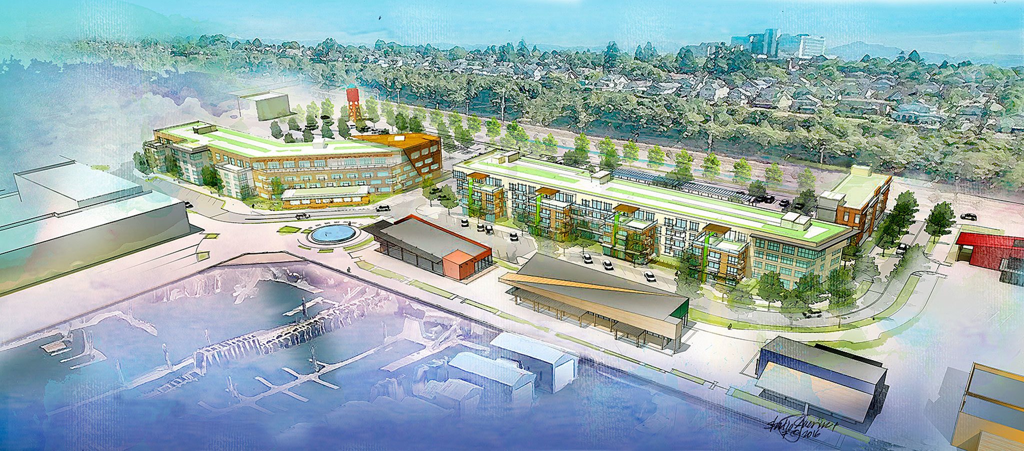 An illustration depicts the proposed Fisherman’s Harbor multifamily community in the Port of Everett’s Waterfront Place development. (Tiscareno Associates)