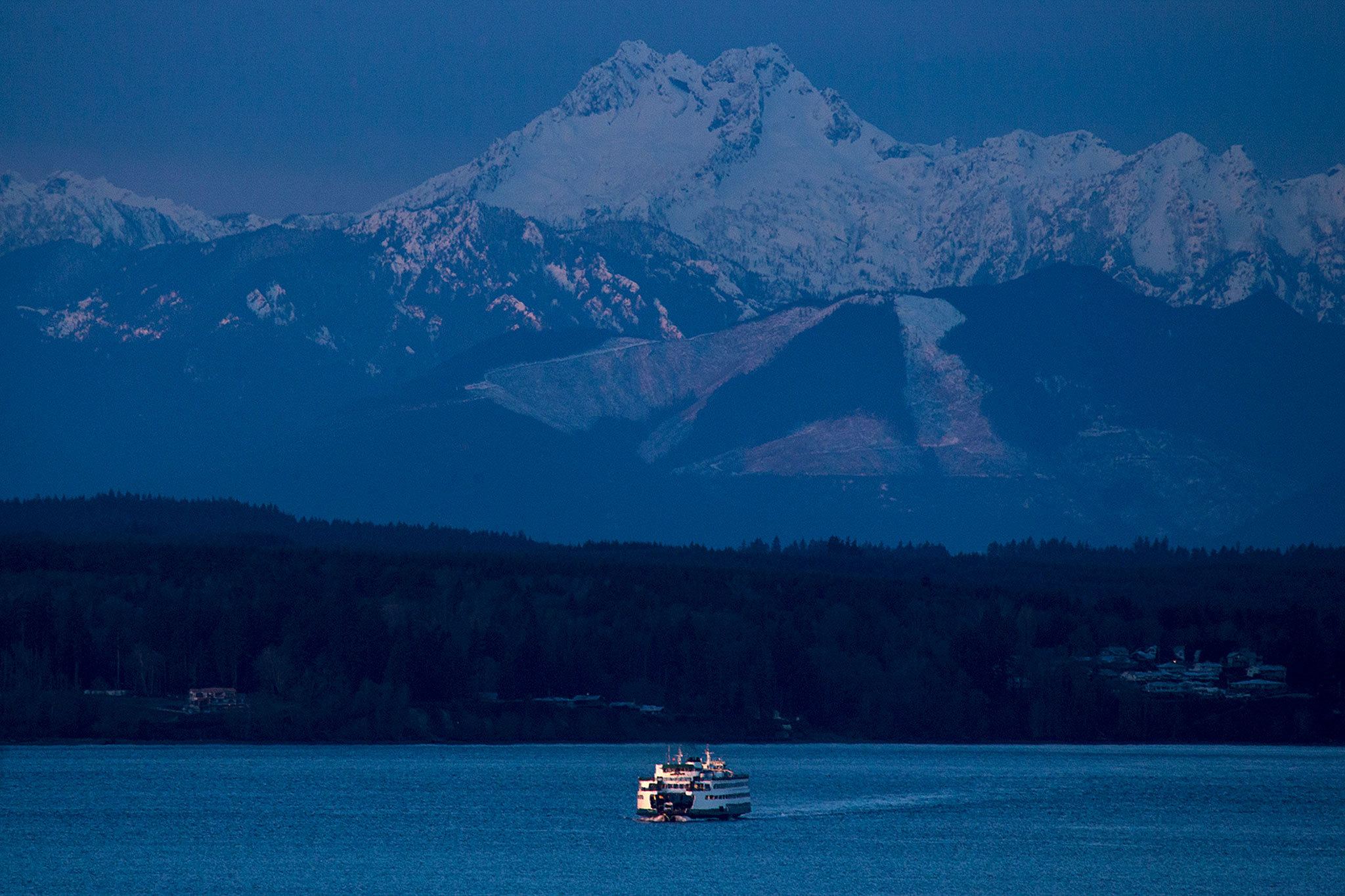 A Washington State Ferry heads from Kingston to Edmonds early Thursday morning as the Olympic Mountains loom in the distance. (Ian Terry / The Herald)