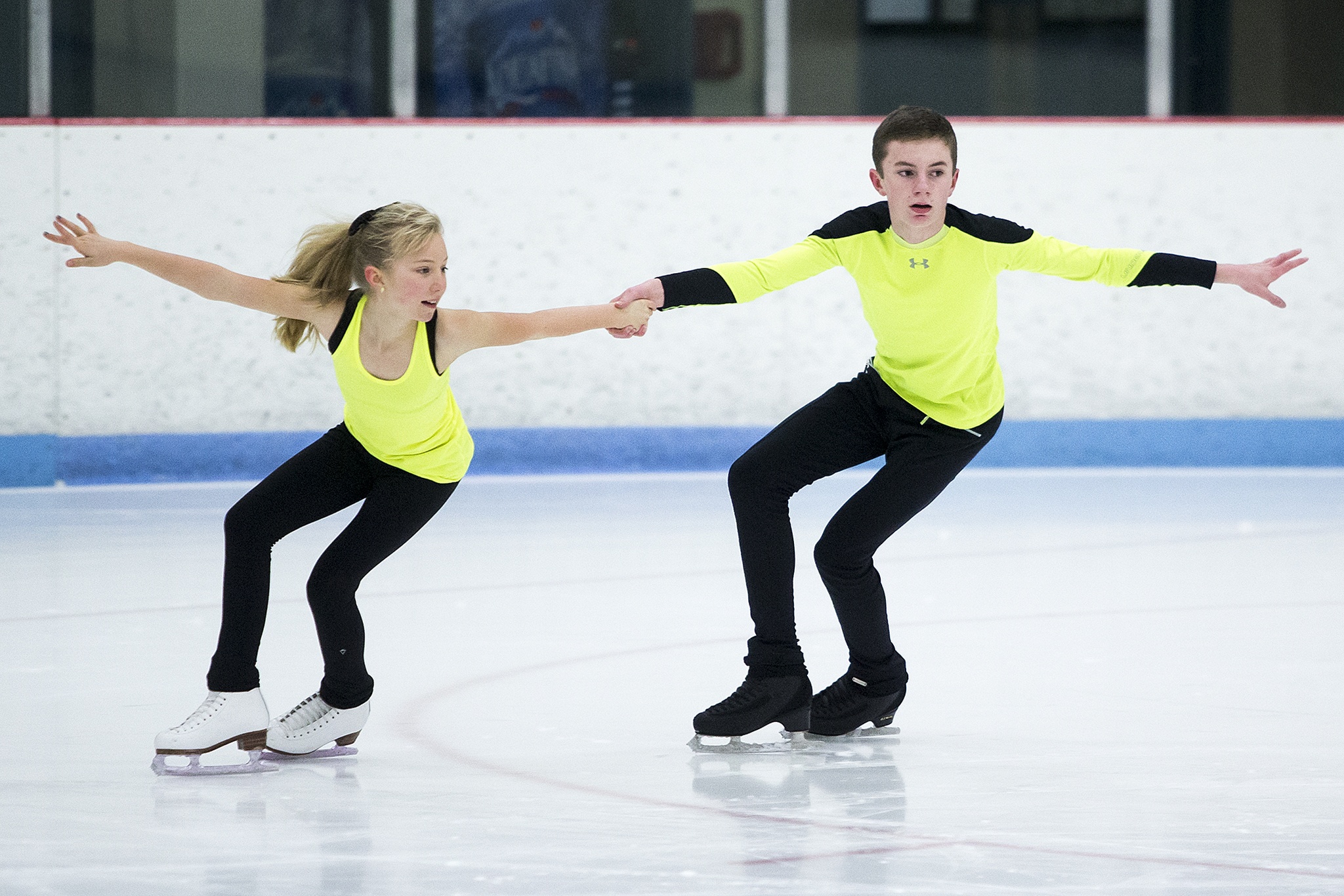 Kayla, 10, and her brother, Kamden Black, 13, of Snohomish, skate during a training session at Olympic View Arena in Mountlake Terrace on Dec. 15. The pair will compete at the U.S. Figure Skating Championships held in Kansas City, Missouri, in January. (Ian Terry / The Herald)