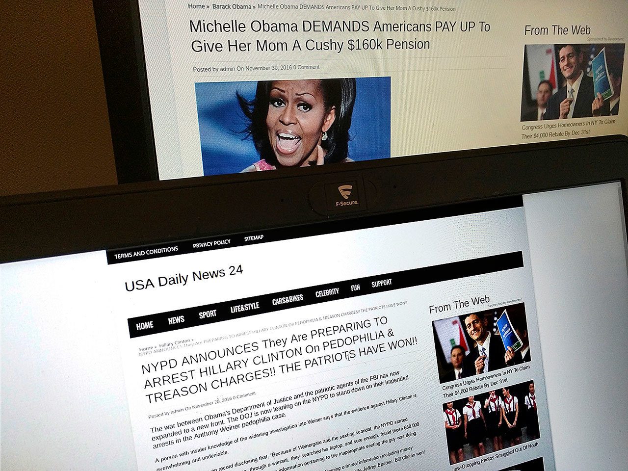 This photograph taken in Paris on Dec. 2, shows stories from USA Daily News 24, a fake news site registered in Veles, Macedonia. An Associated Press analysis using web intelligence service Domain Tools shows that USA Daily News 24 is one of roughly 200 U.S.-oriented sites registered in Veles, which has emerged as the unlikely hub for the distribution of disinformation on Facebook. Both stories shown here are bogus. (AP Photo/Raphael Satter)​