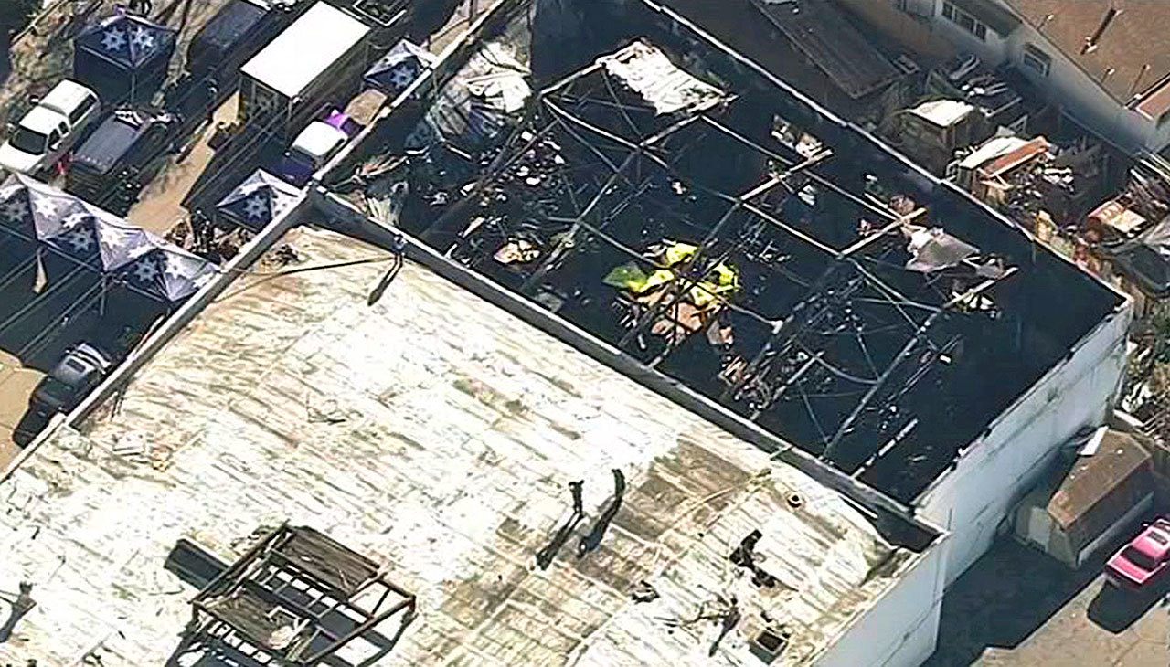 The Ghost Ship Warehouse after a fire swept through the Oakland, California, building. (KGO-TV via AP)