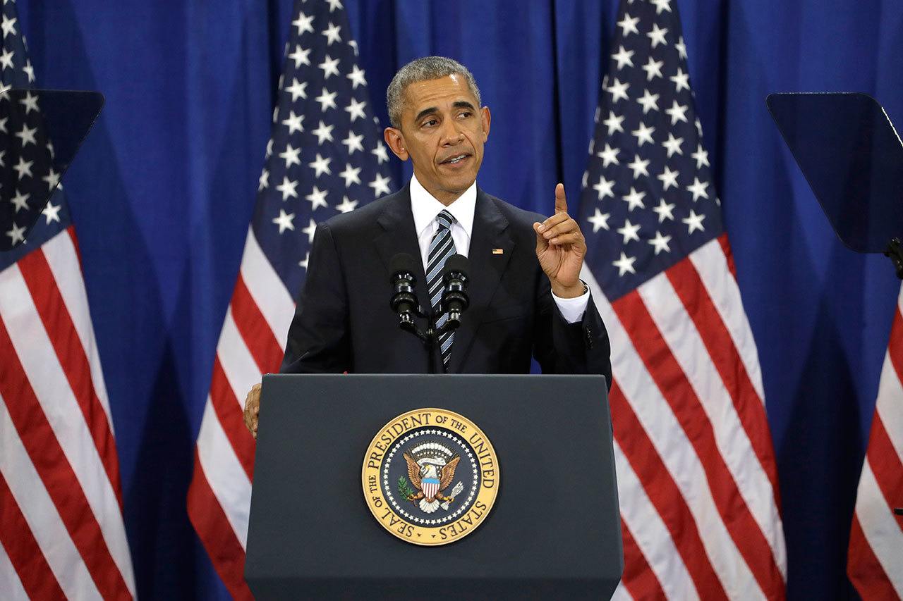 President Barack Obama during a U.S. counterterrorism strategy speech at MacDill Air Force Base Tuesday, Dec. 6, in Tampa, Florida. (AP Photo/Chris O’Meara)