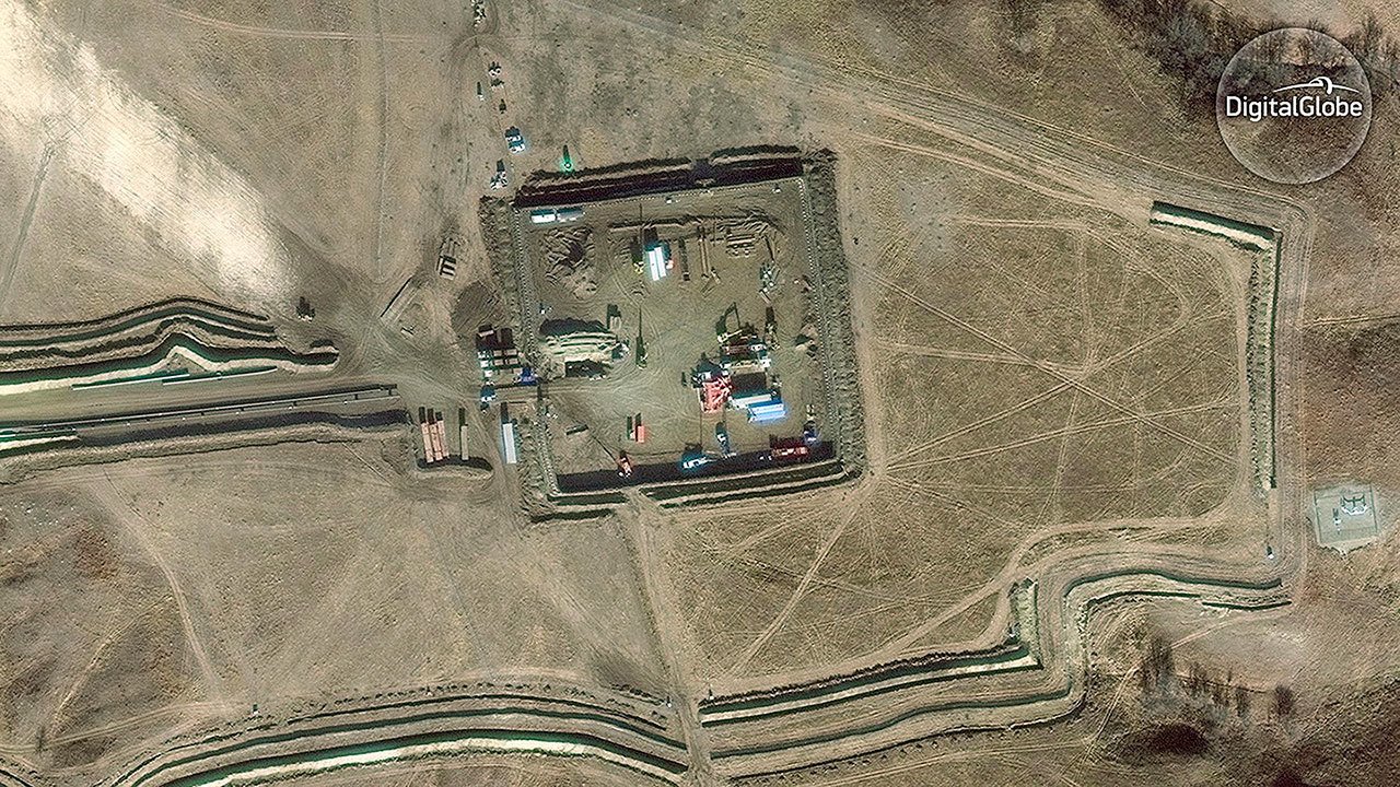 In this Nov. 25 satellite image, the construction site of the the Dakota Access pipeline is seen near Cannon Ball, North Dakota. (DigitalGlobe via AP)