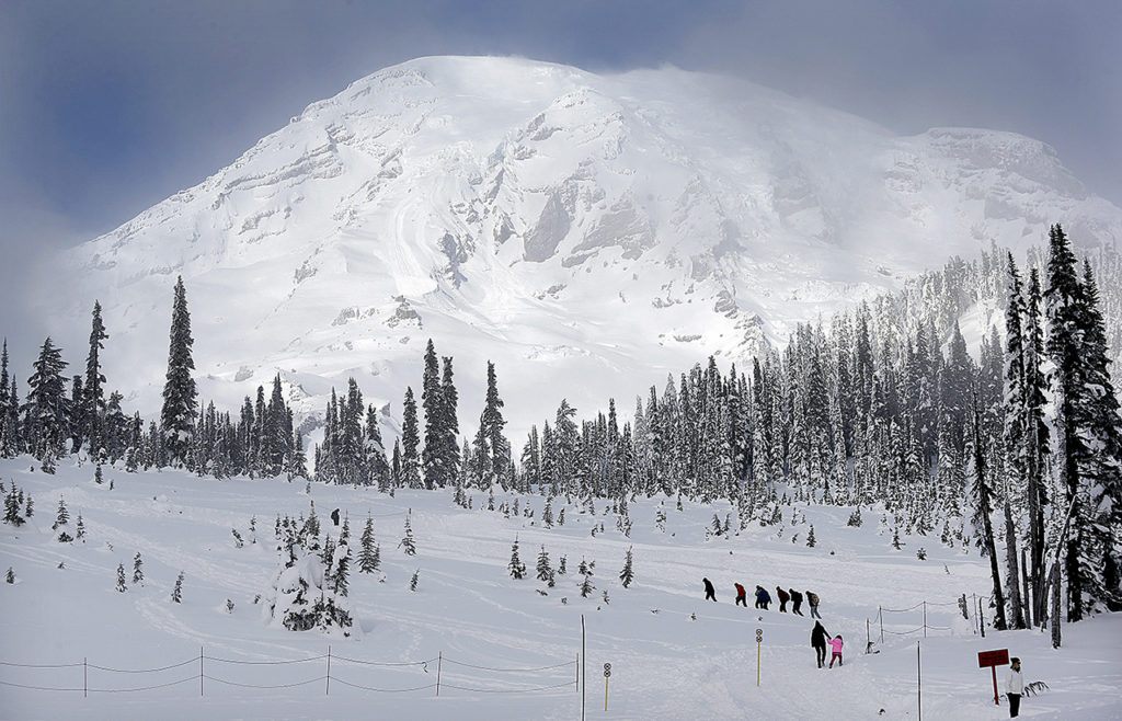 In this photo taken Friday, Dec. 16, Mount Rainier fills the sky behind as a group of snowshoers head out of the Paradise area for an outing at Mount Rainier National Park. (AP Photo / Elaine Thompson)
